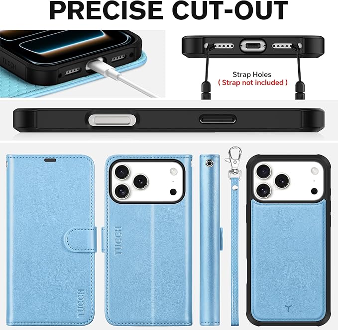 TUCCH Removable Case Wallet for iPhone 17 Pro Max 6.9", Detachable Wrist Strap, Wireless Charging, Stand, 4 Card Holders RFID Blocking, 2-in-1 Magnetic, PU Leather Shockproof Cover, Pearly Light Blue