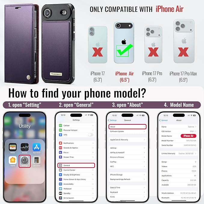 PlusnapX Wallet Case for iPhone Air Compatible with Magsafe, 2-in-1 PU Leather Flip RFID Blocking Card Holder Stand ShockAirof Magnetic Detachable Cover for iPhone 17 Air Case 6.5", Fashion Purple