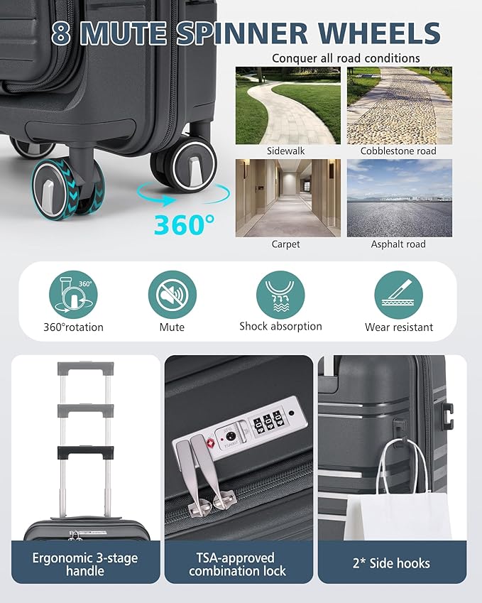 RAINSMORE Expandable Carry on Luggage 20 Inch, Airline Approved Carry on Suitcase with Front Pocket&Laptop Compartment, Hardshell Rolling Travel Luggage with Spinner Wheels,Charcoal
