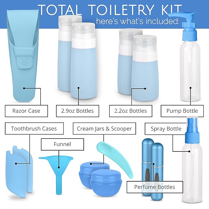 Travel Size Toiletry Bottles, Kit of 16 - TSA Approved Toiletries Essentials for Flying - Silicone Containers, Squeeze Bottles and Accessories for Shampoo, Conditioner, Liquids, Perfume, Blue