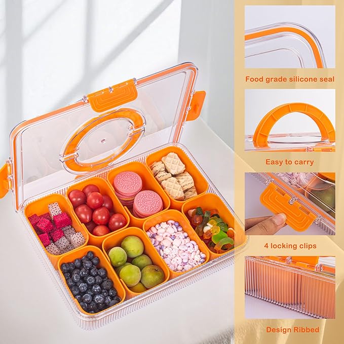 Patent Divided Serving Tray with Lid & Handle - Snackle Box Organizer for Charcuterie, Sandwiches, Veggies, Fruits, Candy - Portable Food Storage for Travel, Beach, Picnics（1 pcs, Orange）