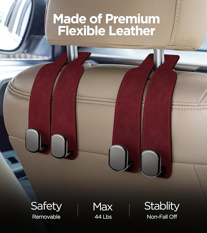 AMINOR 2 Pack Car Seats Hooks for Headrest, 2-in-1 Premium Leather Car Headrest Hanger with Metal Hooks, Car Seat Back Storage Hooks for Purses, Handbags, Phone (Wine)