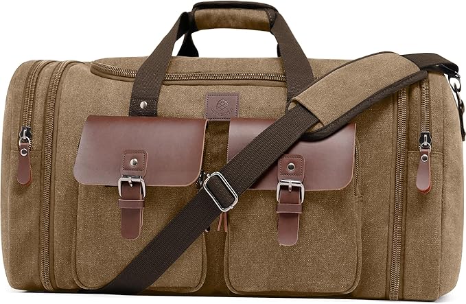 Canvas Duffle Bag for Men 50L Travel Duffel Bags Expandable Genuine Leather Duffel Overnight Weekender Carry On Bag Two Zipper Pockets Travel Bag (Coffee, Large-50L)