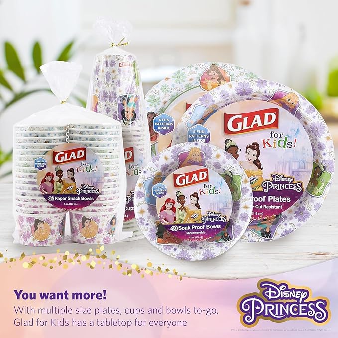 Glad for Kids Disney Princess Disposable Paper Snack Bowls, Lids Not Included, Floral Frames - Heavy Duty, Microwavable, Disposable Snack Cups with Lid for Soup or Ice Cream, 6 Oz, 20 Count - 10 Pack