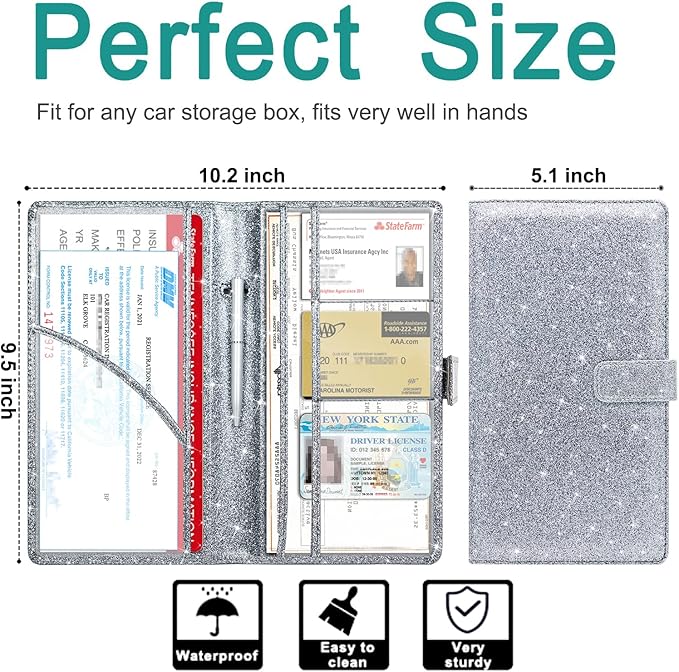 RSAquar Car Registration & Insurance Holder - Leather Glove Box Organizer, Cool Accessories for ID, Driver's License Cards & Essential Documents, Men & Women, Glitter Gray