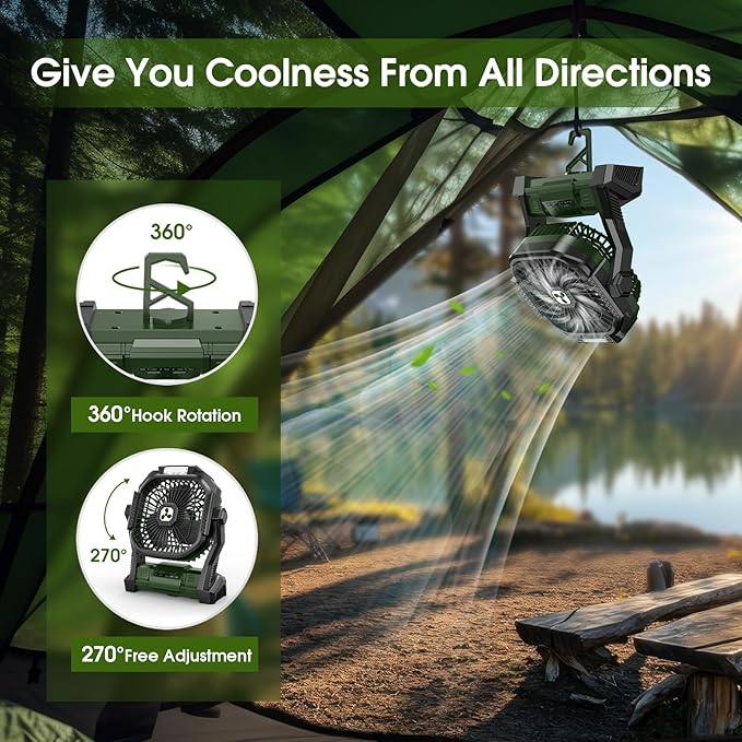 Portable Rechargeable Fan, 20000mAh Cordless Battery Powered Camping Tent Fans with LED Lantern, Small USB C Operated Outdoor Ventilador for Travel Camp Fishing Picnic Home Power Outage Emergency