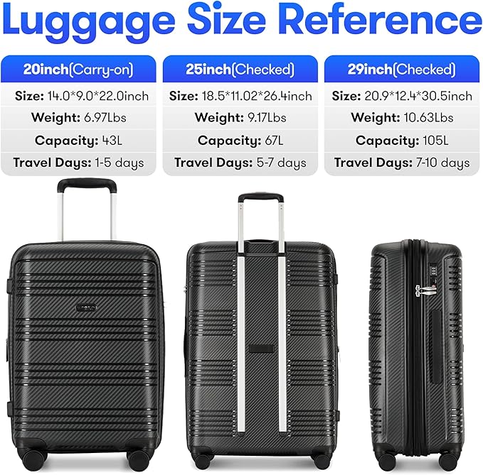 GinzaTravel 3 Piece Expandable Luggage Sets PP Hardshell Lightweight Suitcase sets with Spinner Wheels STSA Lock, 20/25/29inch, Black