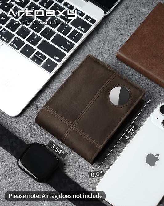 Mens Wallet With AirTag Holder, Bifold Leather RFID Blocking 1-2 ID Windows 12-13 Card Holders, Gift Box and Screen Protector Included, AirTag Not Included