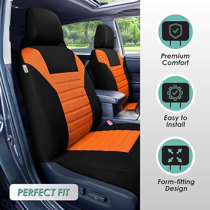 FH Group Automotive Car Seat Covers Full Set Premium 3D Air Mesh Front Seat Covers, Airbag Compatible & Split Bench Cover Universal Fit Interior Accessories for Cars Trucks and SUVs - Orange