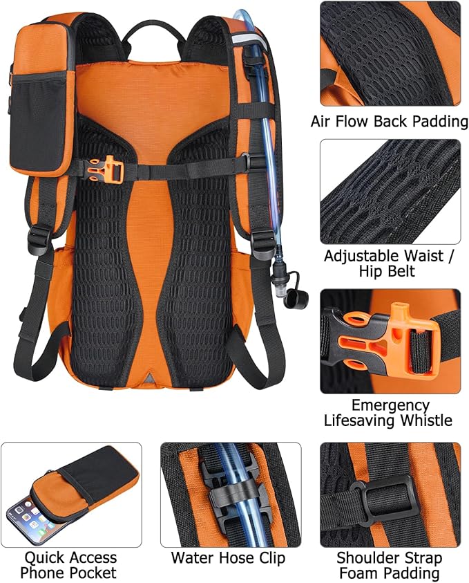 NOOLA Hydration Backpack with 3L Water Bladder - 22L Water Backpack for Hiking, Cycling, Running, Biking - Lightweight Hiking Pack Bag with Rain Cover, Phone Holder and Trekking Pole Holders, Orange