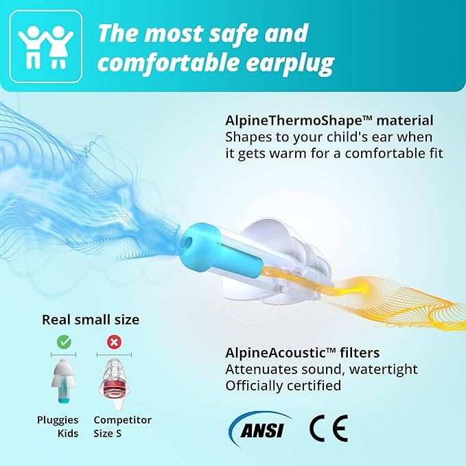 Alpine Pluggies Kids Ear Plugs for Small Ear Canals – Noise Cancelling Earplugs Age 5–12 – Multi-Purpose Ear Protection for Sleep, Flying, School, Swimming – 25dB Reusable Hypoallergenic Filters