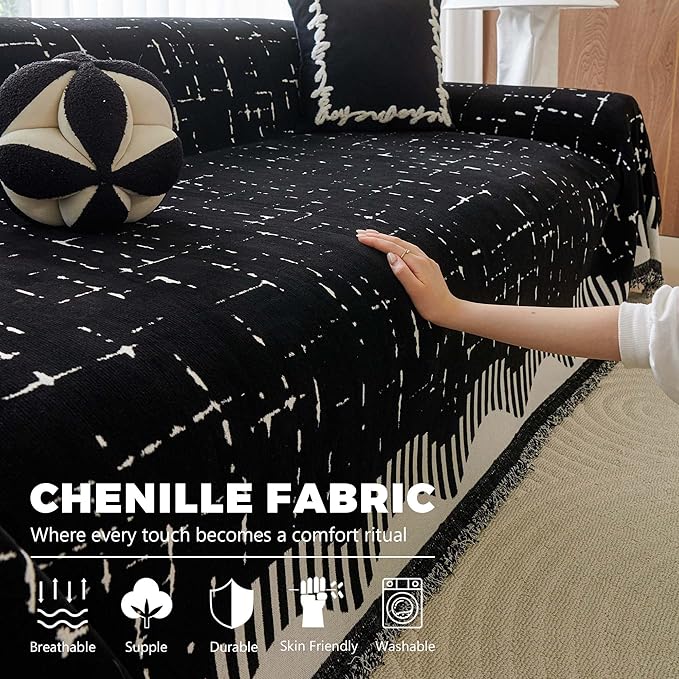 Boho Couch Cover for Dogs - Pet Proof Sofa Covers for 2 Cushion Couch, Non-Slip Chenille Sofa Slipcover, Pet Friendly Furniture Cover Fits Love Seat, 71"x118", Black