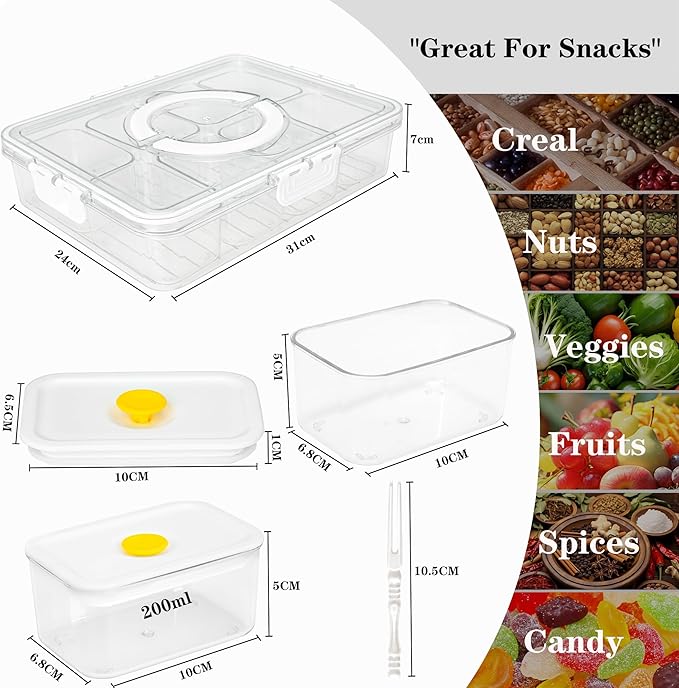 Premium Leak-Proof Snackle Box Container with 8 Clear Compartments & 6 Airtight Lids | Portable Clear Snack Tray with Lid & Handle | Divided Serving Tray for Fruits, Snacks, Sauces, Veggie & More