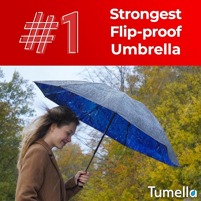 TUMELLA Flip-proof Inverted Travel Umbrella, Small Strong but Light Portable and Automatic Reverse Folding Rain Umbrella, Durable Premium Grip, Fits Car & Backpack
