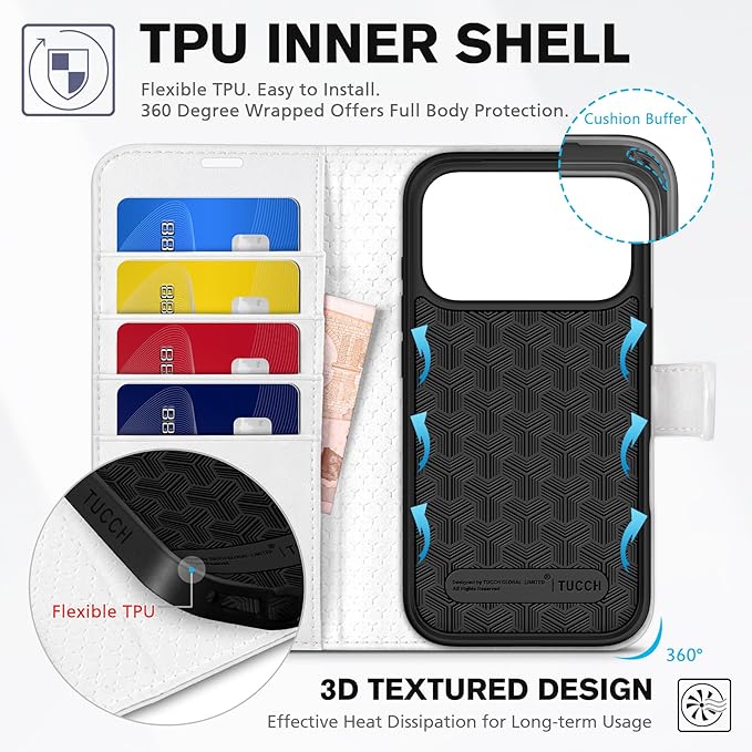 TUCCH Wallet Case for iPhone 17 Pro (6.3") 2025, RFID Blocking 4 Card Holders | Kickstand | Shockproof TPU Shell | PU Leather | Magnetic Closure | Protective Flip Folio Cover | White
