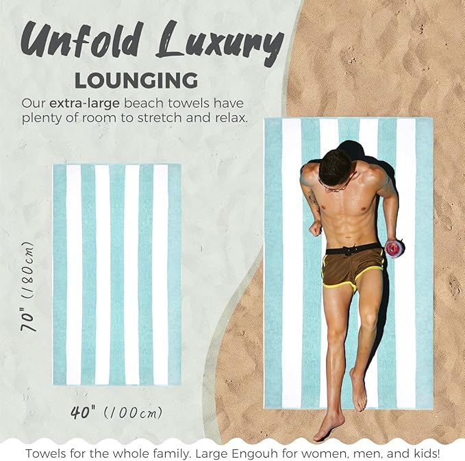 Cotton Oversized Beach Towel - 40 x70 Inch Extra Large Striped Pool Towel, Big Soft Terry Cloth Turquoise Cabana Swim Towel