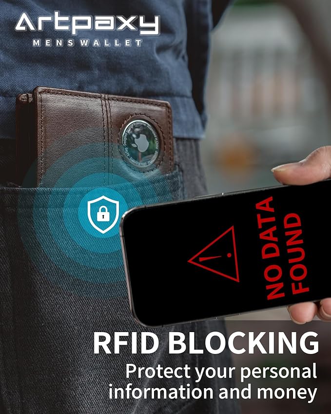 Mens Wallet With AirTag Holder, Bifold Leather RFID Blocking 1-2 ID Windows 12-13 Card Holders, Gift Box and Screen Protector Included, AirTag Not Included