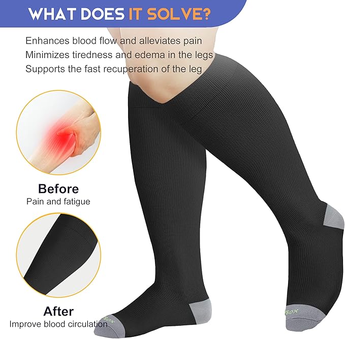 LEVSOX Plus Size Compression Socks for Women Men Wide Calf Extra Large 15-20 mmHg Knee High Sock for Nurses Pregnant Travel