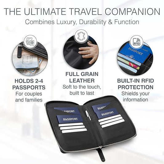 Full Grain Leather Family Passport Holder for 2-4 Passports - RFID Passport Holder and Travel Document Organizer - Large Leather Travel Wallet for Couples and Families - Black