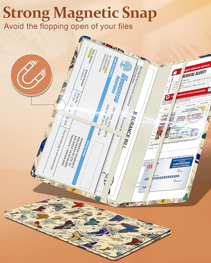 Slohif Car Registration and Insurance Card Holder - Butterflies Vehicle Glove Box Organizer Women with Magnetic Shut Leather Automobile License Holders Coasters Auto Accessories Case for Document