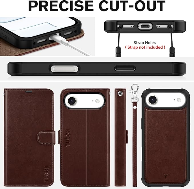 TUCCH 2-in-1 Detachable Wallet Case for iPhone Air (6.5-inch) 2025, Wireless Charging | RFID Blocking 4 Card Holders | Wrist Strap | Kickstand | Magnetic | PU Leather Folio Cover | Chocolate Brown