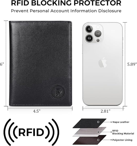 Polare Luxury RFID Blocking Leather Passport Holder Travel Wallet For Men and Women (Black/Brown with AirTag Slot)