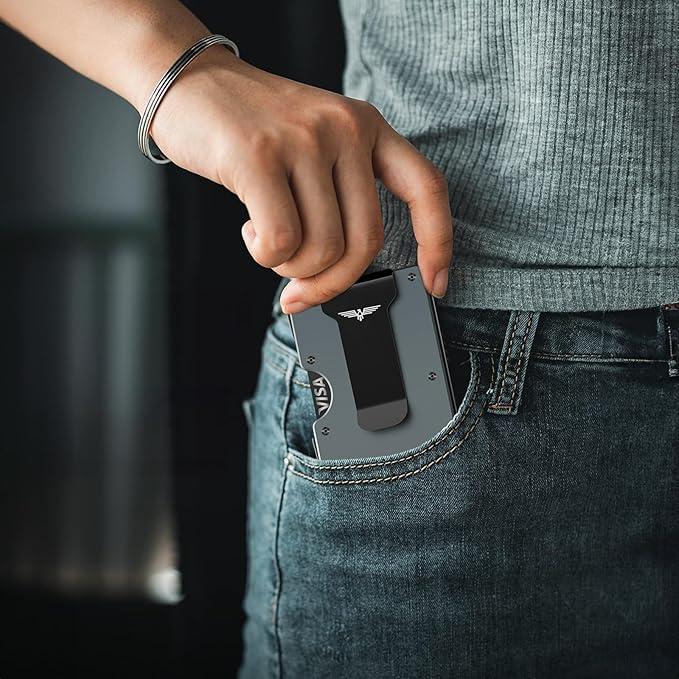 Wallet for Men, Money Clip Wallet with Cash Strap, Slim Card Wallet, RFID Blocking Card Holder, Holds up to 20 cards