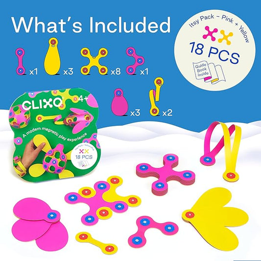 Clixo Itsy Magnetic Toy for Kids - Flexible, Durable, Imagination-Boosting Magnet Building Toy. Educational Multi-Sensory STEM Experience. Great as a Travel Game. Ages 4-99. 18 Piece Pack