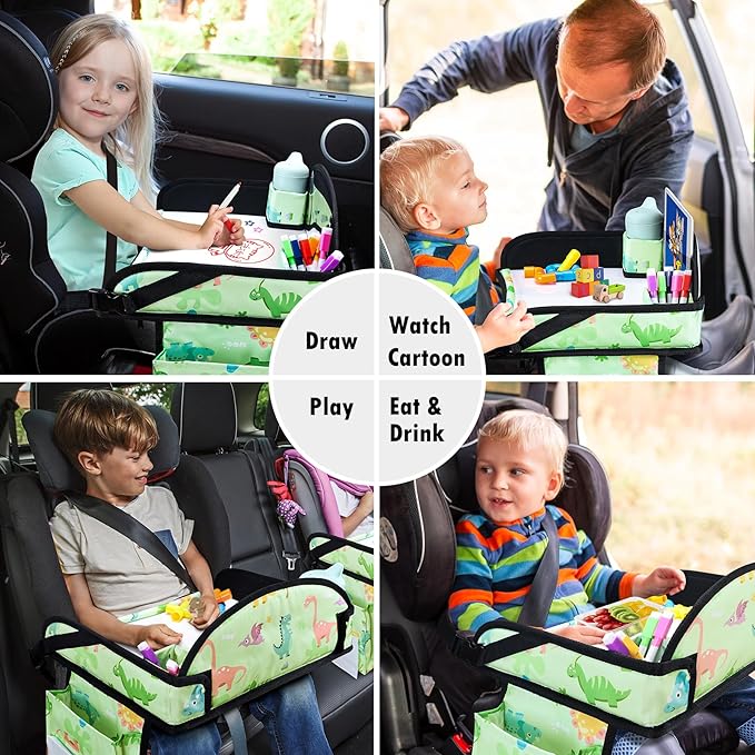 WENRENER Kids Travel Tray, Car Seat Tray for kids Travel, Toddler Road Trip Essentials With Drawing Kit, Toddler Lap Desk Organizer for Car, Carseat Table for Airplane
