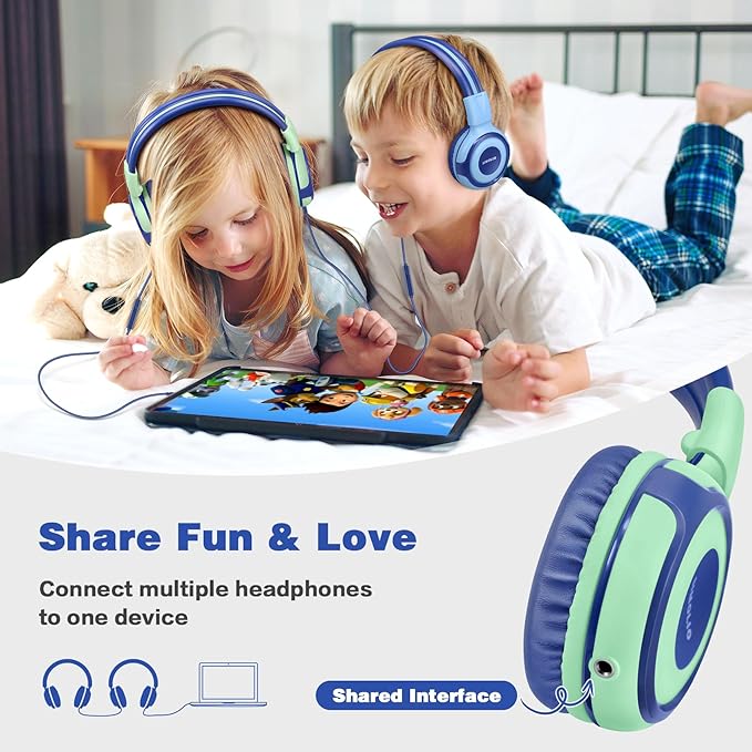 SIMOLIO Kids Headphones for School, Safe Volume Limiter Headphone with Microphone, Adjustable Sturdy & Foldable, Stereo Wired Headsets for Child, Toddler, Boys, Girls, Online Course (Green)