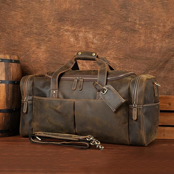 Polare 24 Inch Leather Duffel Bag for Men Full Grain Leather Travel Overnight Gym Sports Weekender Bag Large