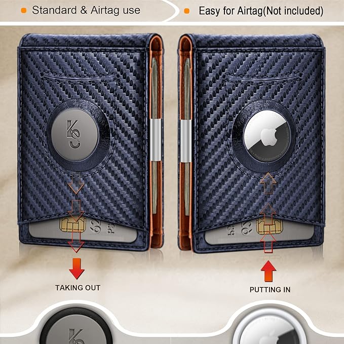 KS Mens Wallet Gift Airtag or Standard Use,Slim Front Pocket Leather Wallet Money Clip 11 cards RFID Blocking