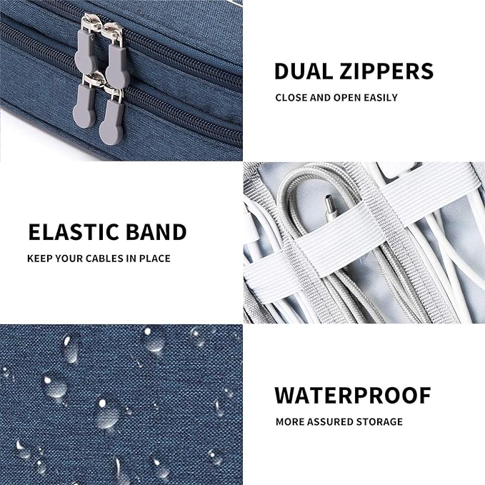 Lanola Travel Cable Organizer Bag, Electronic Accessories Case Portable Double Layer Cable Storage Bag for Cord,phone,Charger, Flash Drive, Phone, SD Card,Personal Items - (Dark Blue)