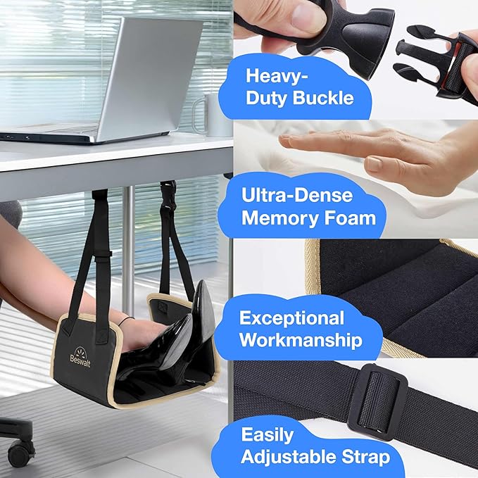 Portable Airplane Foot Hammock for Plane Travel with Memory Foam & Hardboard for No Feet or Leg Clashing - Long Flight Air Travel Essentials to Relax Feet Rest Flying Overseas by Beswalt (Black)