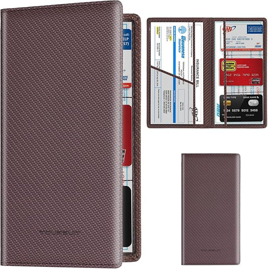 TOURSUIT Car Registration and Insurance Card Holder, Vehicle License Document Glove Box Compartment Organizer, Essential Car Wallet Case for Driver Auto Owners (Carbon Coffee)