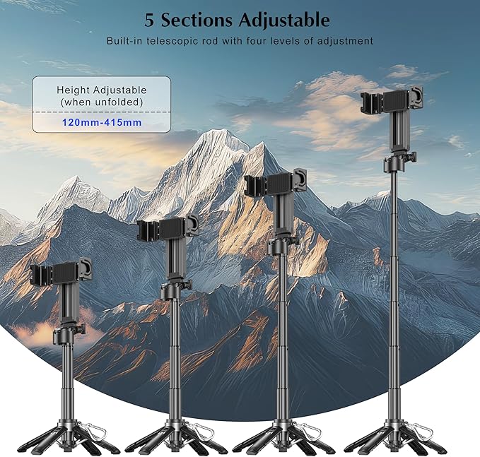 Mini Selfie Stick Tripod, Extendable Grip Phone Tripod with Detachable Remote Pocket Size, 4-in-1 Mini Phone Grip, 10m Wireless Shutter, Vlog Livestreaming Photography （Black）