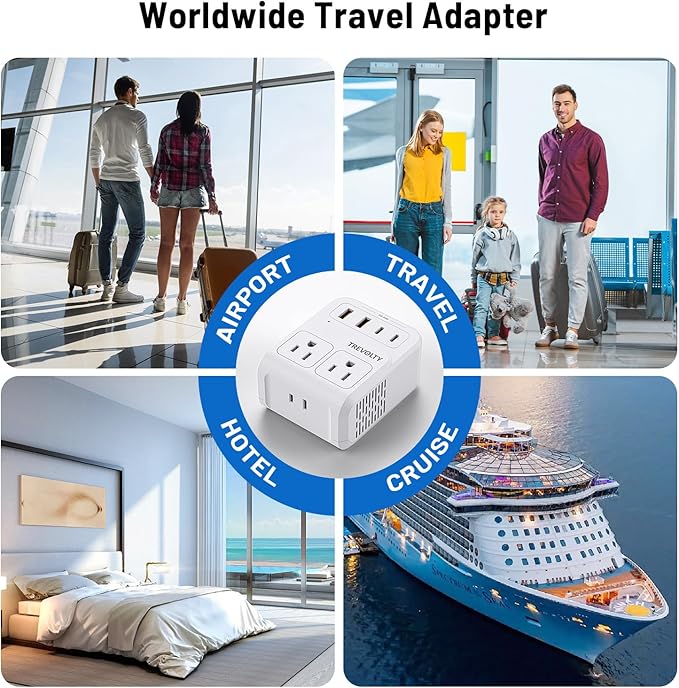 7-in-1 European Travel Plug Adapter, 2000W Universal Travel Adapter with 3 AC Sockets, 2 USB-A & 2 USB-C (PD 20W) Ports, Worldwide Travel Essentials, International Power Adapter for UK/EU/AU