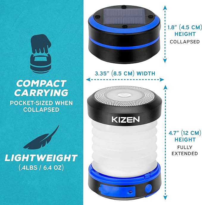 Kizen Solar Camping Lantern Rechargeable - LED Lanterns for Power Outages, Camping Lights, Emergency Flashlight - Collapsible & Rechargeable Lamp with Solar or Plug