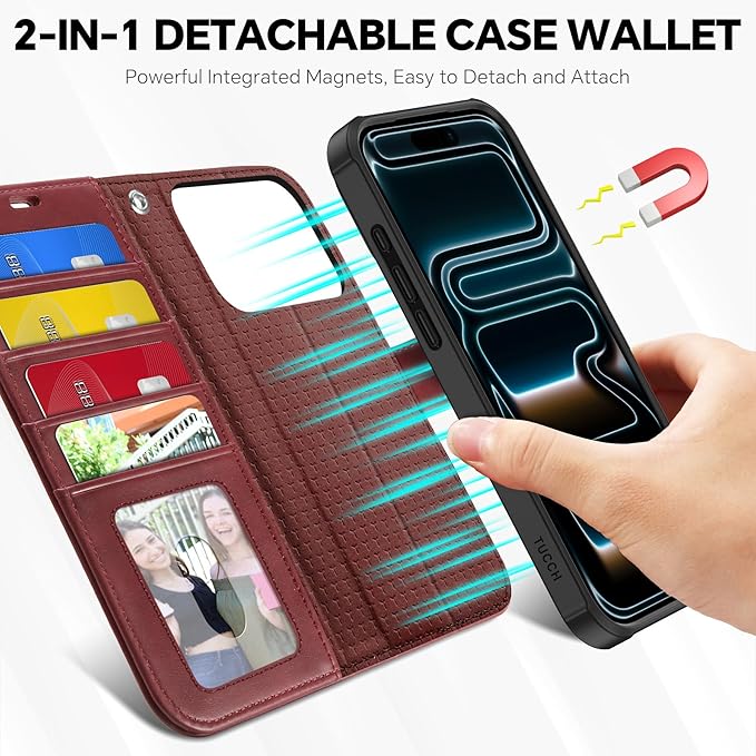 TUCCH Detachable Case Wallet for iPhone 17 Pro (6.3") 2025, Wrist Strap | 4 Card Holders RFID Blocking | Wireless Charging | Stand | 2-in-1 Magnetic | PU Leather | Shockproof Folio Cover | Dark Red