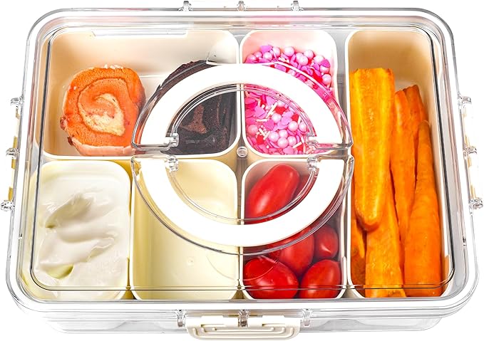 Bandesun Divided Serving Tray with Lid and Handle - Clear Organizer for Candy, Fruits, Nuts, Snacks - Perfect for Party, Entertaining - Snackle Box Charcuterie Container for Portable Snack Platters