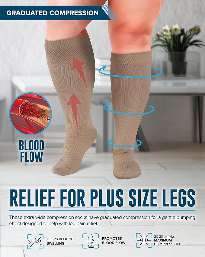 Doctor's Select 3 Pairs Plus Size Compression Socks Wide Calf - Up to 6XL | 20-30 mmHg Compression Socks for Women Wide Calf | Tan-XXL