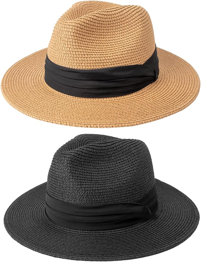 DRESHOW Women Straw Panama Hat Travel Fedora Beach Sun Hat Summer Wide Brim Straw Roll up Hat UPF 50+