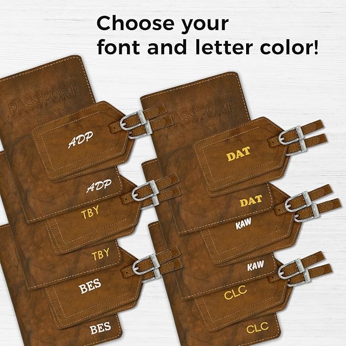 Personalized Monogrammed Antique Saddle Leather RFID Passport Cover Holder and 2 Luggage Tags