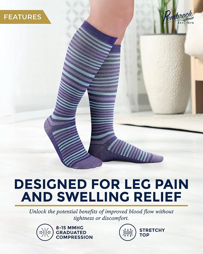 Pembrook Bamboo Viscose Light Compression Socks - 3 Pairs | 8-15 mmhg Compression Socks | Knee High Comfort Support Socks