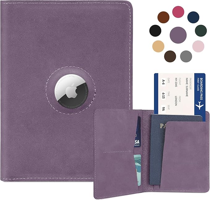 Airtag Passport Holder for Women Men Travel, Real Leather Passport Wallet, Handmade Passport Cover Case with Airtag Slot, Travel Must Haves Essentials Accessories Birthday Gifts (Crazy Horse, Purple)