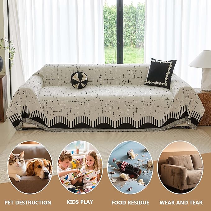 Couch Cover for 3 Cushion Sofa Pet Friendly Furniture Covers, Chenille Sofa Covers Washable L Shape, Boho Couch Blanket Cover with Tassel Decoration, 71"x 134", Beige