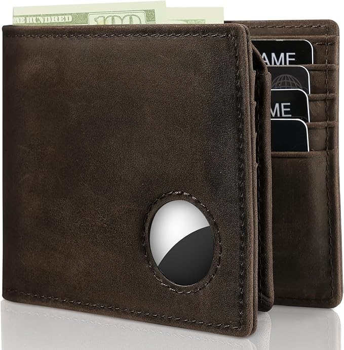 Mens Wallet With AirTag Holder, Bifold Leather RFID Blocking 1-2 ID Windows 12-13 Card Holders, Gift Box and Screen Protector Included, AirTag Not Included