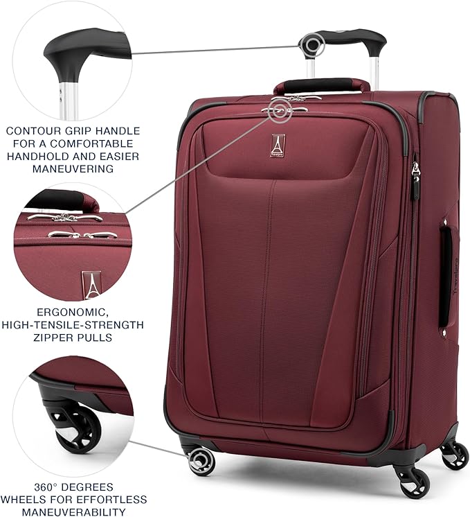 Travelpro Maxlite 5 Softside Expandable Checked Luggage with Spinner Wheels, Lightweight, 25-Inch — Burgundy