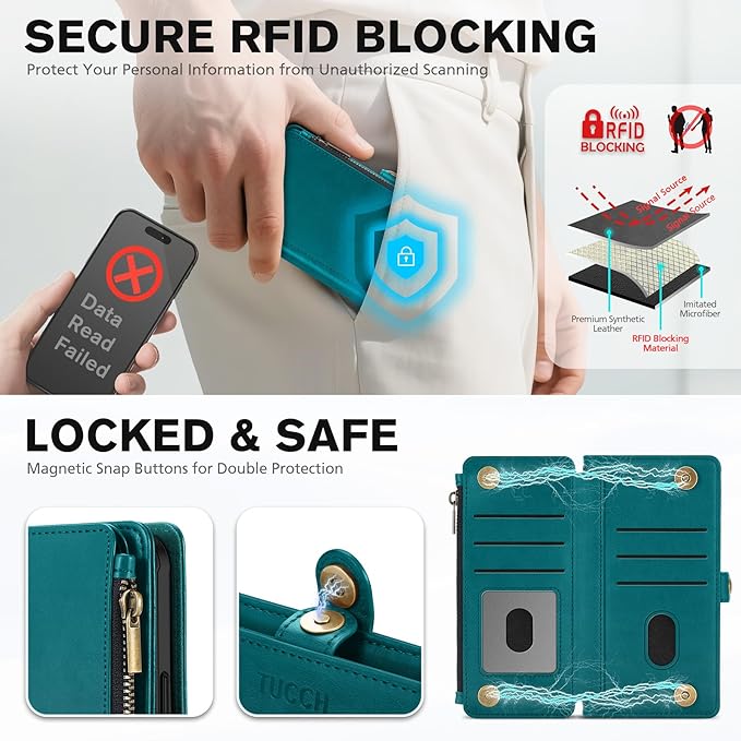 TUCCH Detachable Crossbody Wallet Case for iPhone 17 (6.3"), 9 Card Holders RFID Blocking | Lanyard | Wrist Strap | Wireless Charging | Zipper Pocket | PU Leather | Kickstand Flip Cover | Bluish Green