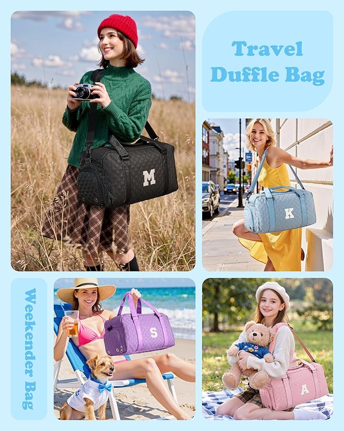 Elilier Initial Travel Duffle Bag Women Girls Gift: Personalized Weekender bags, Dance Cheer bag Sports for Girl, Kid Gymnastics Bags, Birthday Gifts for Women Girls Kids Teens Mom Teacher